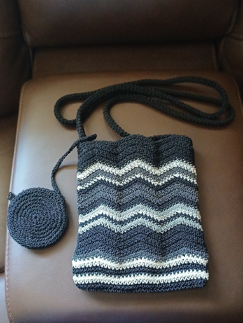 Handwoven Black and Cream Crochet Crossbody Bag.Handmade.